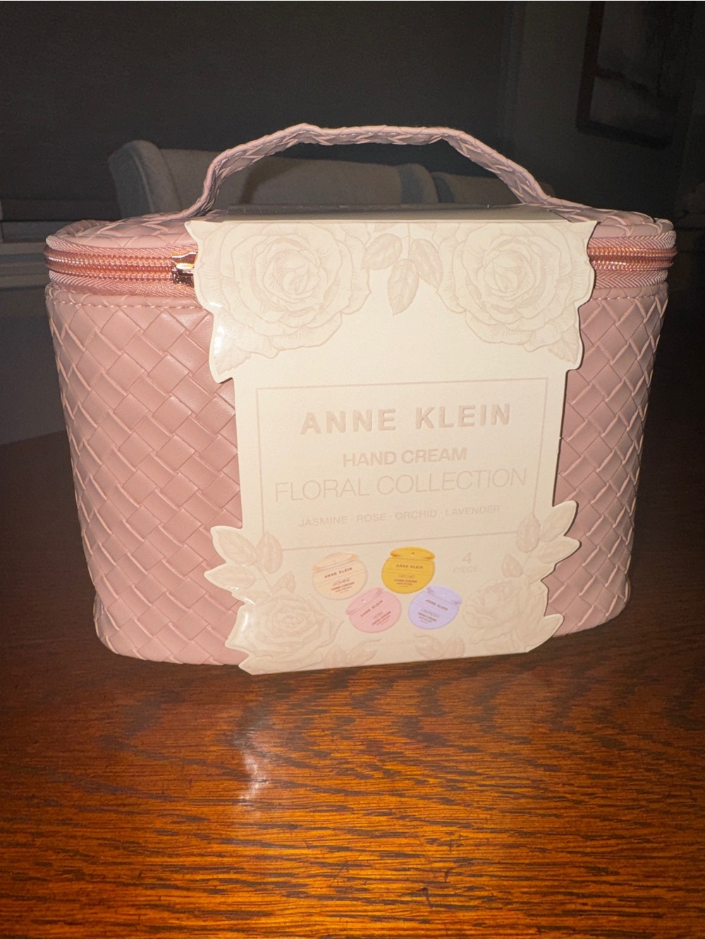 Anne Klein Floral Hand Cream Set 4-Piece Pink Basketweave Travel Cosmetic Bag